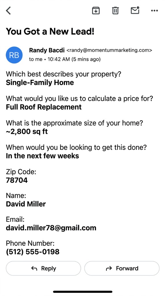 Incoming Mobile Lead Email from Randy Bacdi